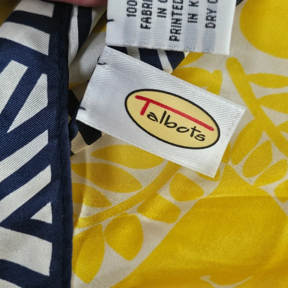 Talbots Silk Scarf‎ Navy Yellow Hibiscus Floral Tropical Geometric Border Square